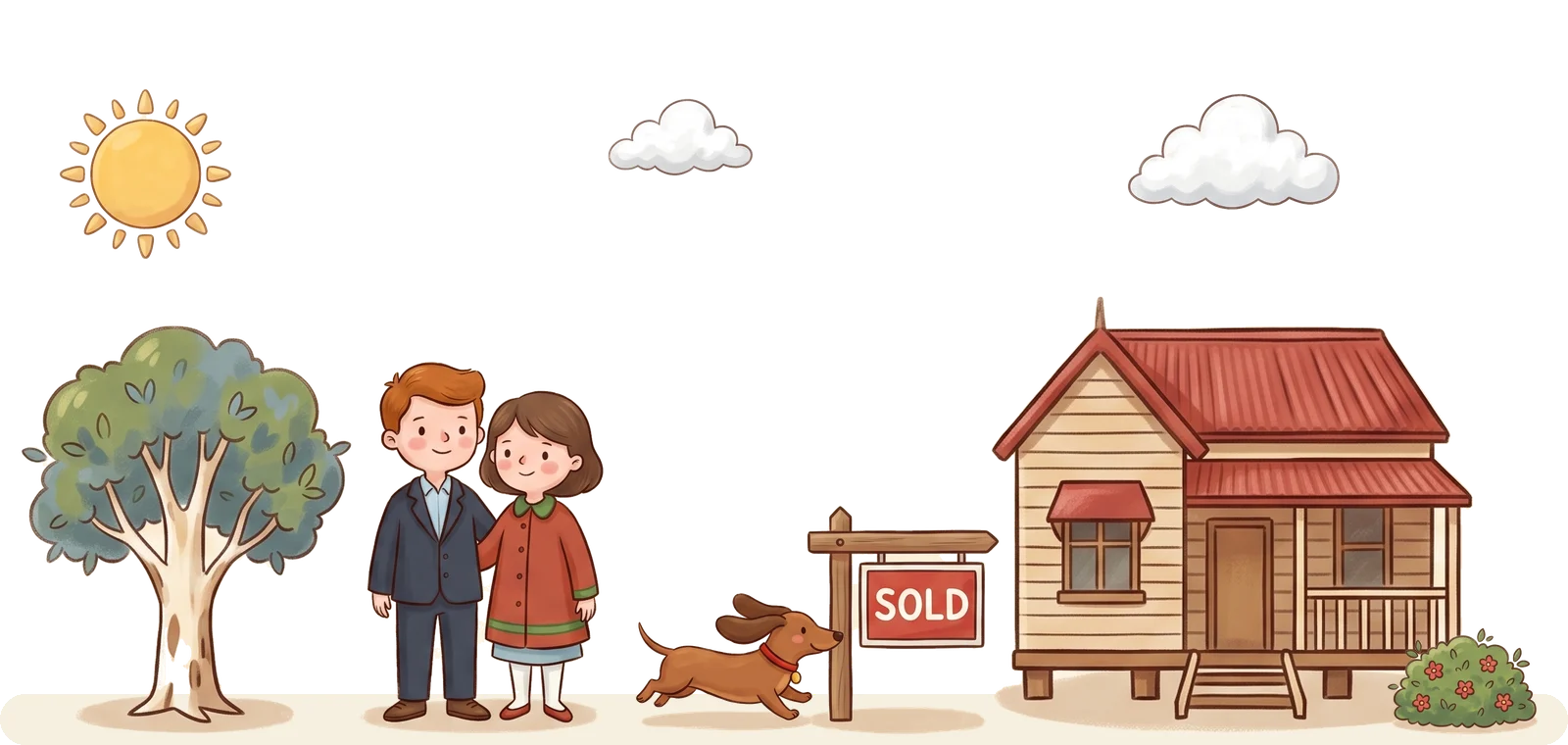 A couple and their dachshund outside their newly bought home